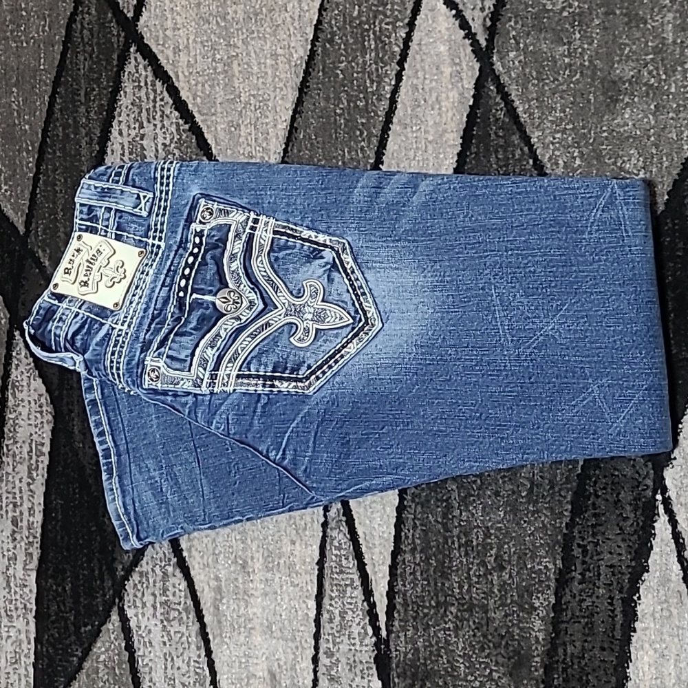 ROCK REVIVAL MIKAEL SLIM BOOT EMBROIDERED FAUX FLAP DENIM JEAN